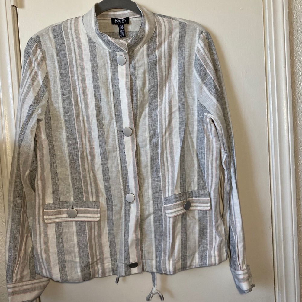 JONES NEW YORK NWT Women's Striped Linen Blend Lightweight Button Front Jacket M